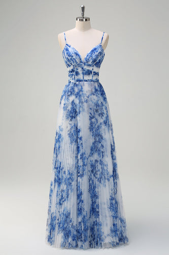 Weiß Blau Blumen A-Linie Spaghettiträger Plissee Lange Brautjungfernkleid