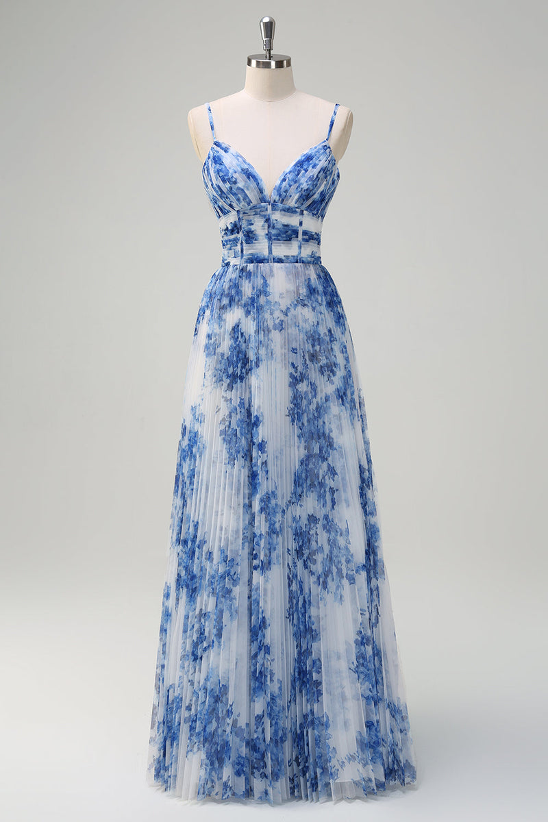 Laden Sie das Bild in den Galerie-Viewer, Weiß Blau Blumen A-Linie Spaghettiträger Plissee Lange Brautjungfernkleid