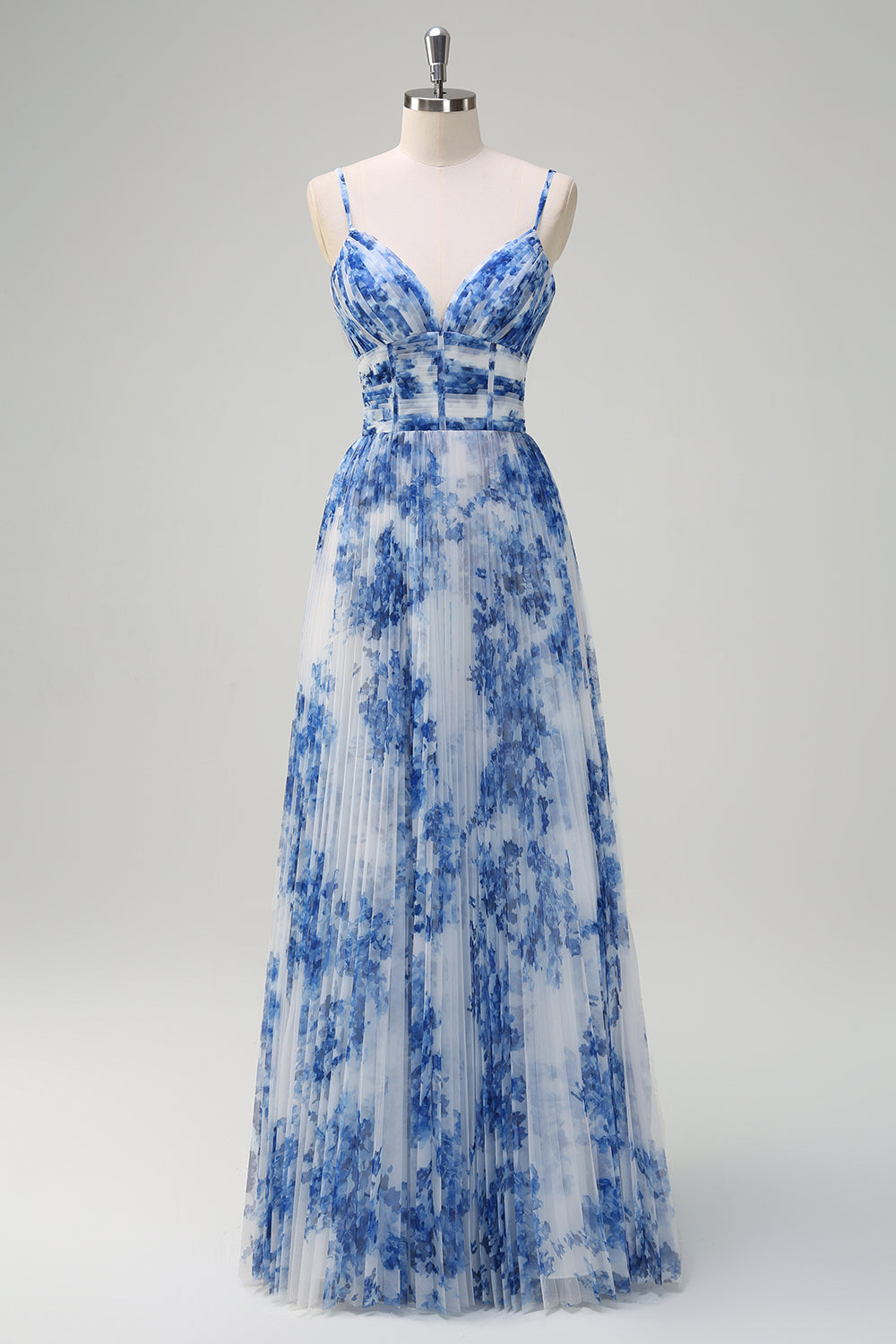 Weiß Blau Blumen A-Linie Spaghettiträger Plissee Lange Brautjungfernkleid