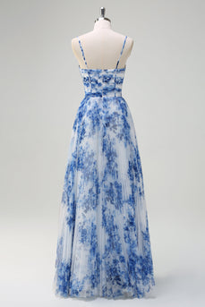 Weiß Blau Blumen A-Linie Spaghettiträger Plissee Lange Brautjungfernkleid