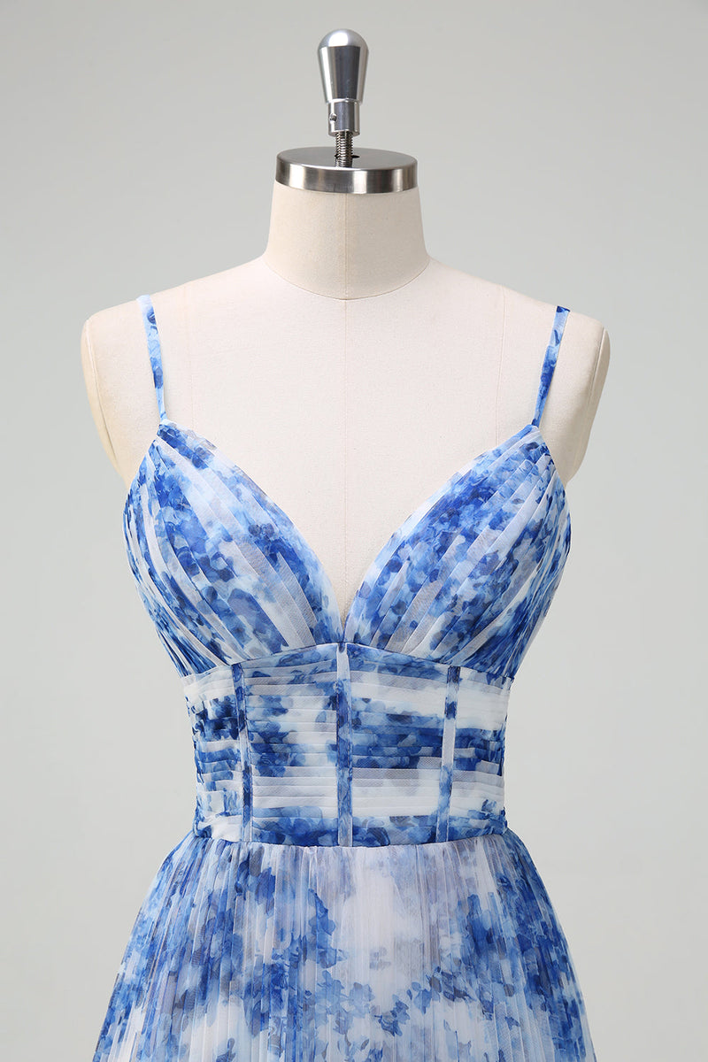 Laden Sie das Bild in den Galerie-Viewer, Weiß Blau Blumen A-Linie Spaghettiträger Plissee Lange Brautjungfernkleid