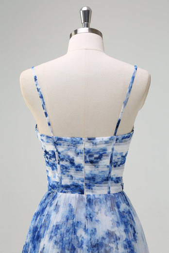 Weiß Blau Blumen A-Linie Spaghettiträger Plissee Lange Brautjungfernkleid