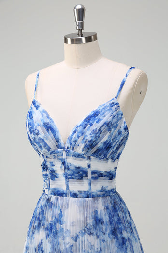 Weiß Blau Blumen A-Linie Spaghettiträger Plissee Lange Brautjungfernkleid