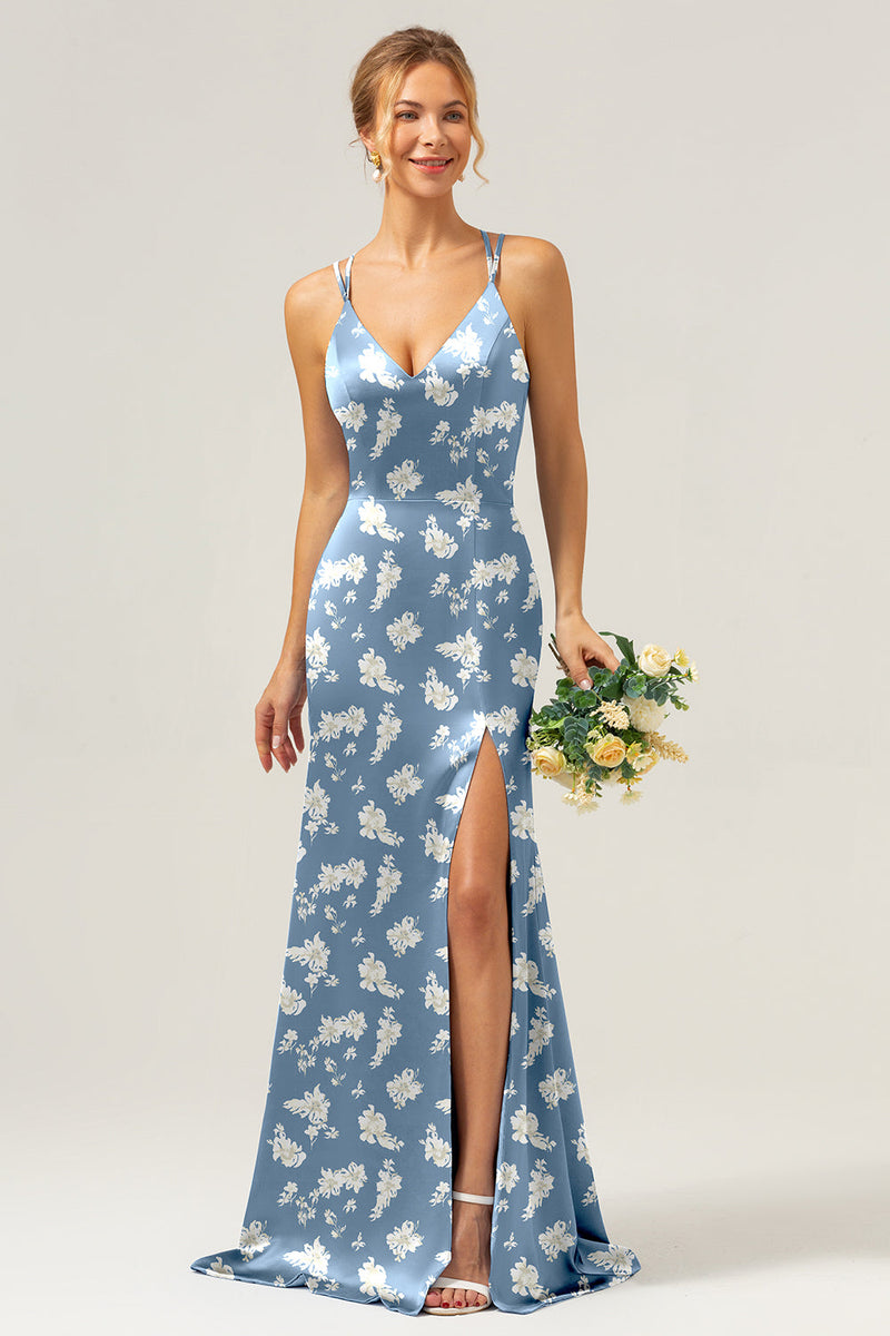 Laden Sie das Bild in den Galerie-Viewer, Marineblaue Blumen Meerjungfrau Spaghettiträger Langes Brautjungfernkleid