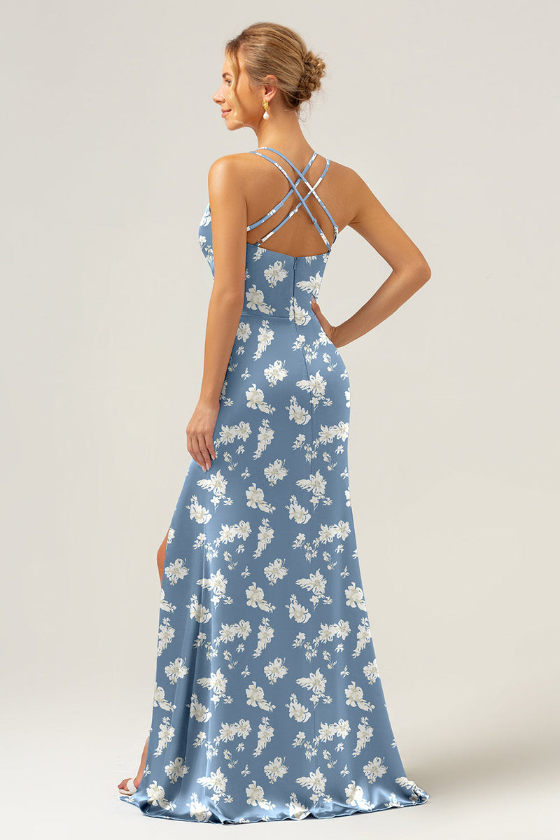 Laden Sie das Bild in den Galerie-Viewer, Marineblaue Blumen Meerjungfrau Spaghettiträger Langes Brautjungfernkleid
