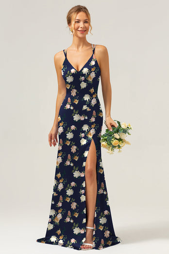 Marineblaue Blumen Meerjungfrau Spaghettiträger Langes Brautjungfernkleid