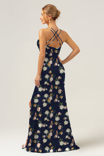 Marineblaue Blumen Meerjungfrau Spaghettiträger Langes Brautjungfernkleid