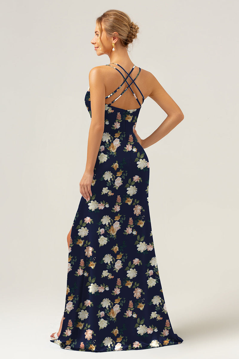 Laden Sie das Bild in den Galerie-Viewer, Marineblaue Blumen Meerjungfrau Spaghettiträger Langes Brautjungfernkleid