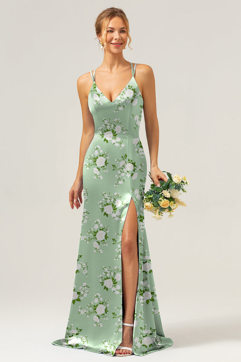 Laden Sie das Bild in den Galerie-Viewer, Marineblaue Blumen Meerjungfrau Spaghettiträger Langes Brautjungfernkleid