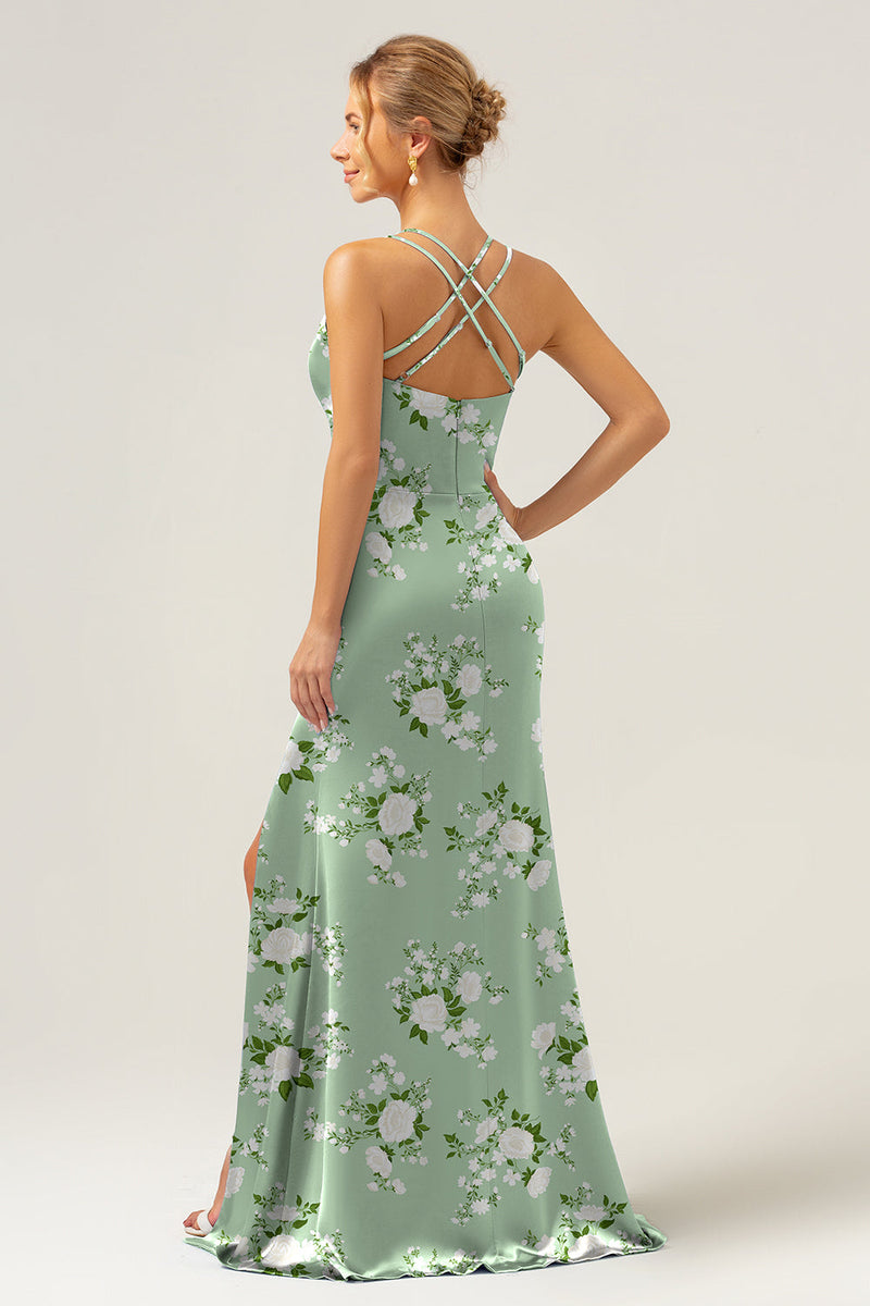 Laden Sie das Bild in den Galerie-Viewer, Marineblaue Blumen Meerjungfrau Spaghettiträger Langes Brautjungfernkleid