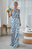 Laden Sie das Bild in den Galerie-Viewer, Marineblaues Blumen Mantel Neckholder Satin Langes Brautjungfernkleid