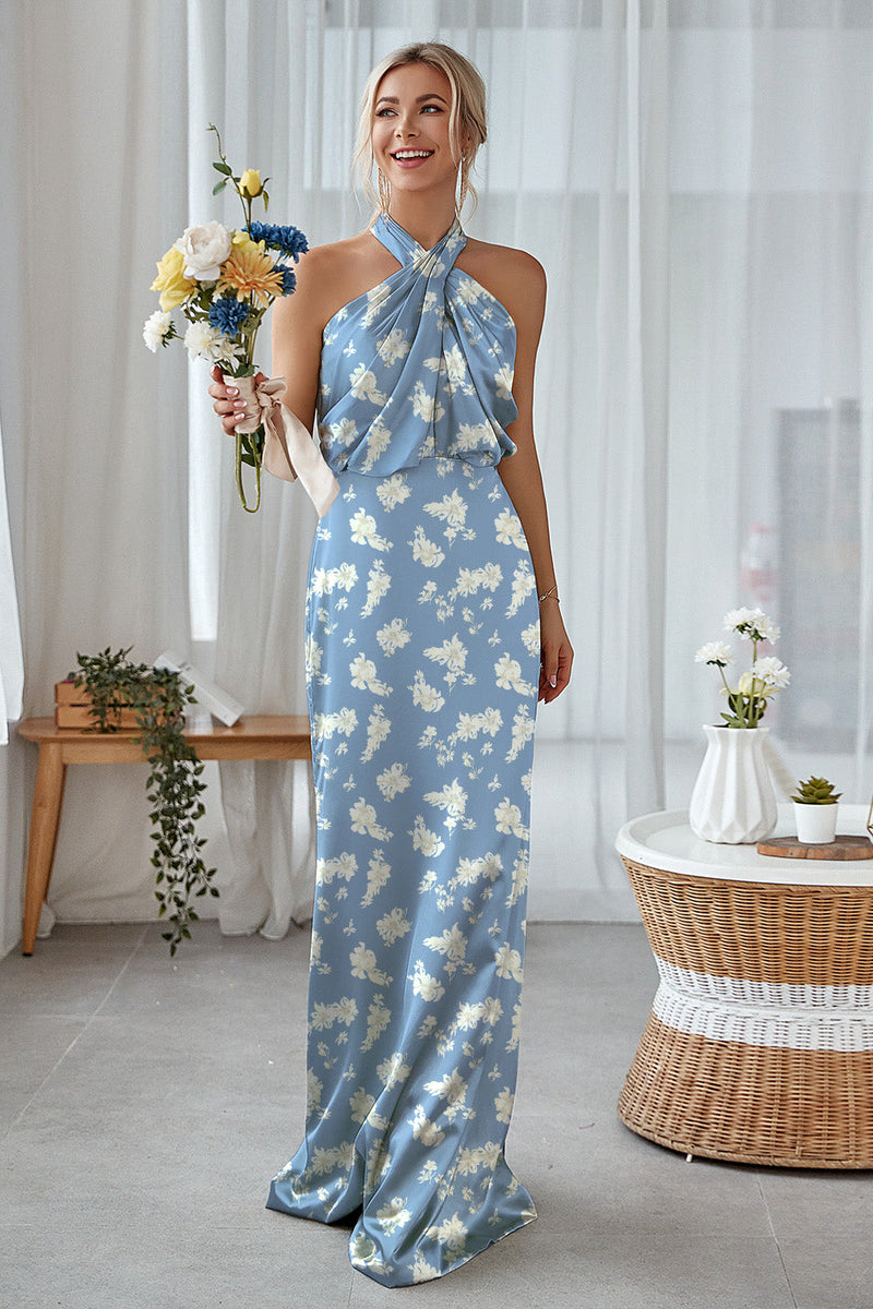 Laden Sie das Bild in den Galerie-Viewer, Marineblaues Blumen Mantel Neckholder Satin Langes Brautjungfernkleid