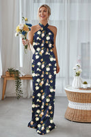 Laden Sie das Bild in den Galerie-Viewer, Marineblaues Blumen Mantel Neckholder Satin Langes Brautjungfernkleid