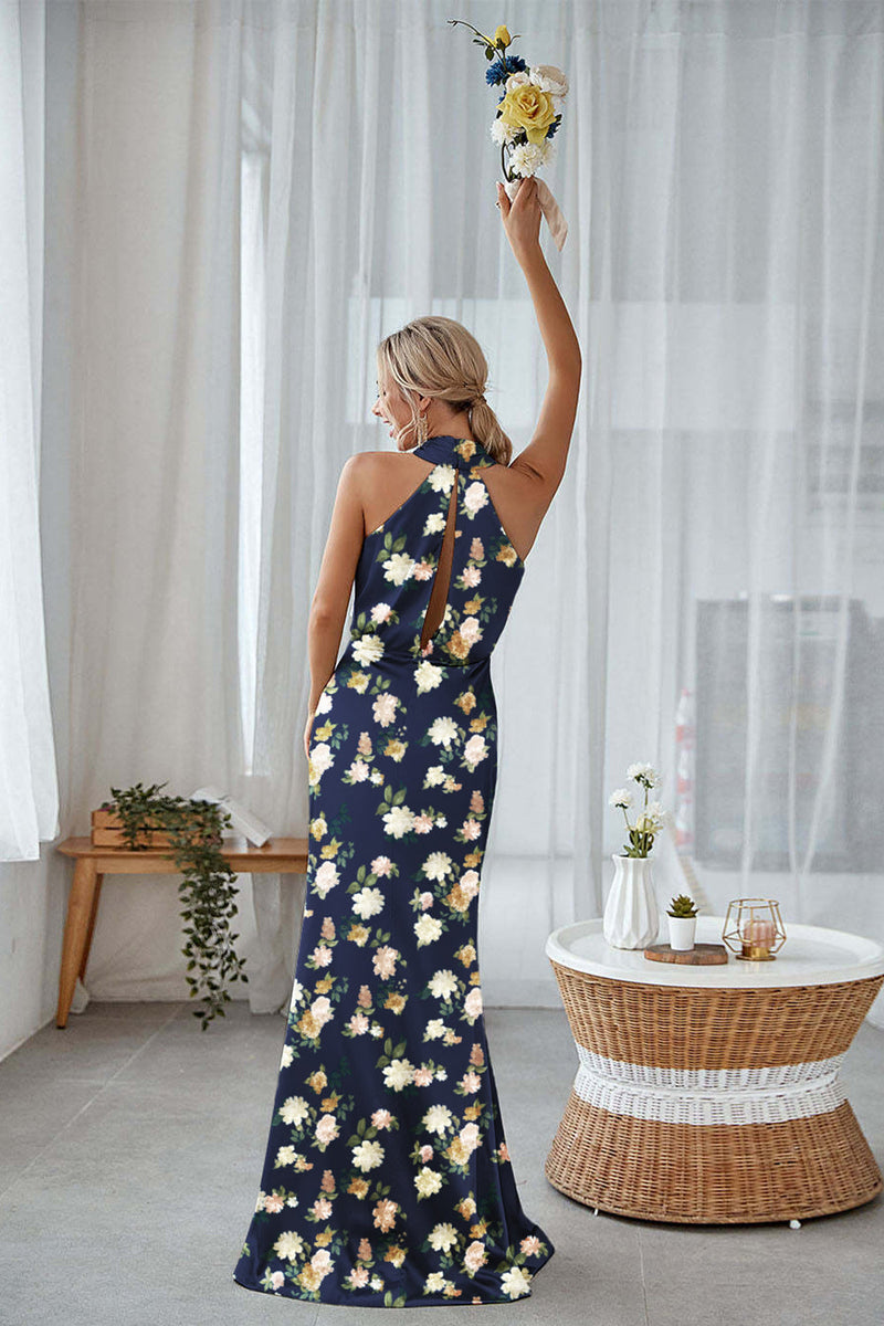 Laden Sie das Bild in den Galerie-Viewer, Marineblaues Blumen Mantel Neckholder Satin Langes Brautjungfernkleid