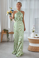 Laden Sie das Bild in den Galerie-Viewer, Marineblaues Blumen Mantel Neckholder Satin Langes Brautjungfernkleid