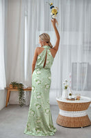 Laden Sie das Bild in den Galerie-Viewer, Marineblaues Blumen Mantel Neckholder Satin Langes Brautjungfernkleid