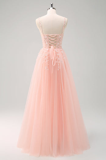 Glitzer Lila A Linien Spaghettiträger Tüll Langes Ballkleid mit Schlitz