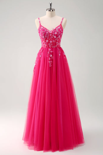 Glitzer Lila A Linien Spaghettiträger Tüll Langes Ballkleid mit Schlitz