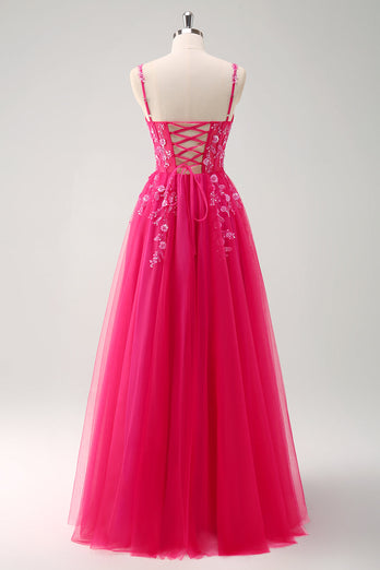Glitzer Lila A Linien Spaghettiträger Tüll Langes Ballkleid mit Schlitz