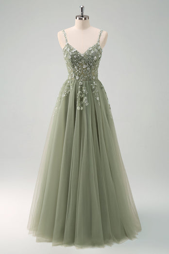Glitzer Lila A Linien Spaghettiträger Tüll Langes Ballkleid mit Schlitz