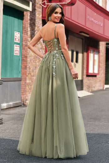 Grün A Linien Spaghettiträger Korsett Tüll Langes Ballkleid mit Rücken Schnürung