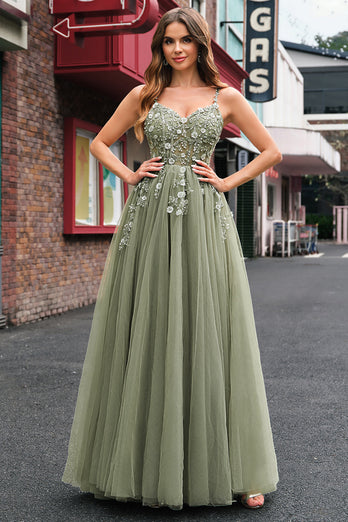 Grün A Linien Spaghettiträger Korsett Tüll Langes Ballkleid mit Rücken Schnürung
