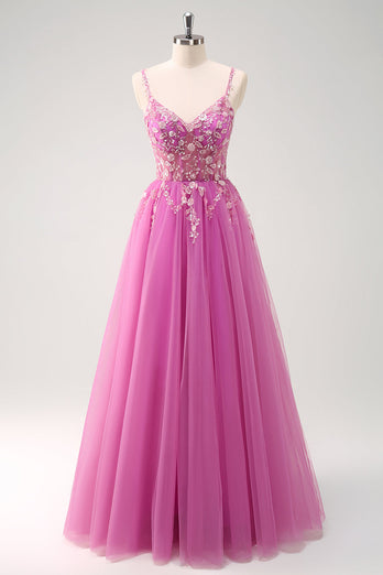 Damen Lila Rückenfrei Langes Ballkleid mit Schlitz Pailletten Rücken Schnürung A Linien Spaghettiträger Tüll Abendkleid