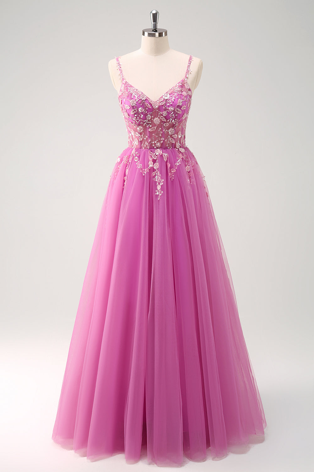 Damen Lila Rückenfrei Langes Ballkleid mit Schlitz Pailletten Rücken Schnürung A Linien Spaghettiträger Tüll Abendkleid
