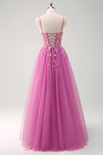 Grün A Linien Spaghettiträger Korsett Tüll Langes Ballkleid mit Rücken Schnürung