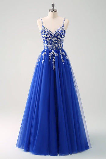 Glitzer Lila A Linien Spaghettiträger Tüll Langes Ballkleid mit Schlitz