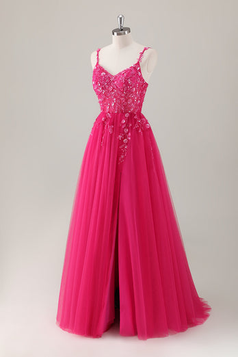Glitzer Lila A Linien Spaghettiträger Tüll Langes Ballkleid mit Schlitz