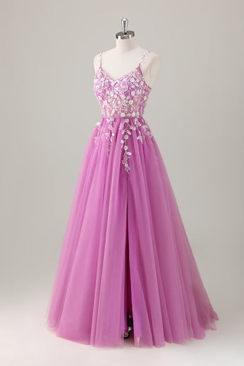 Glitzer Lila A Linien Spaghettiträger Tüll Langes Ballkleid mit Schlitz