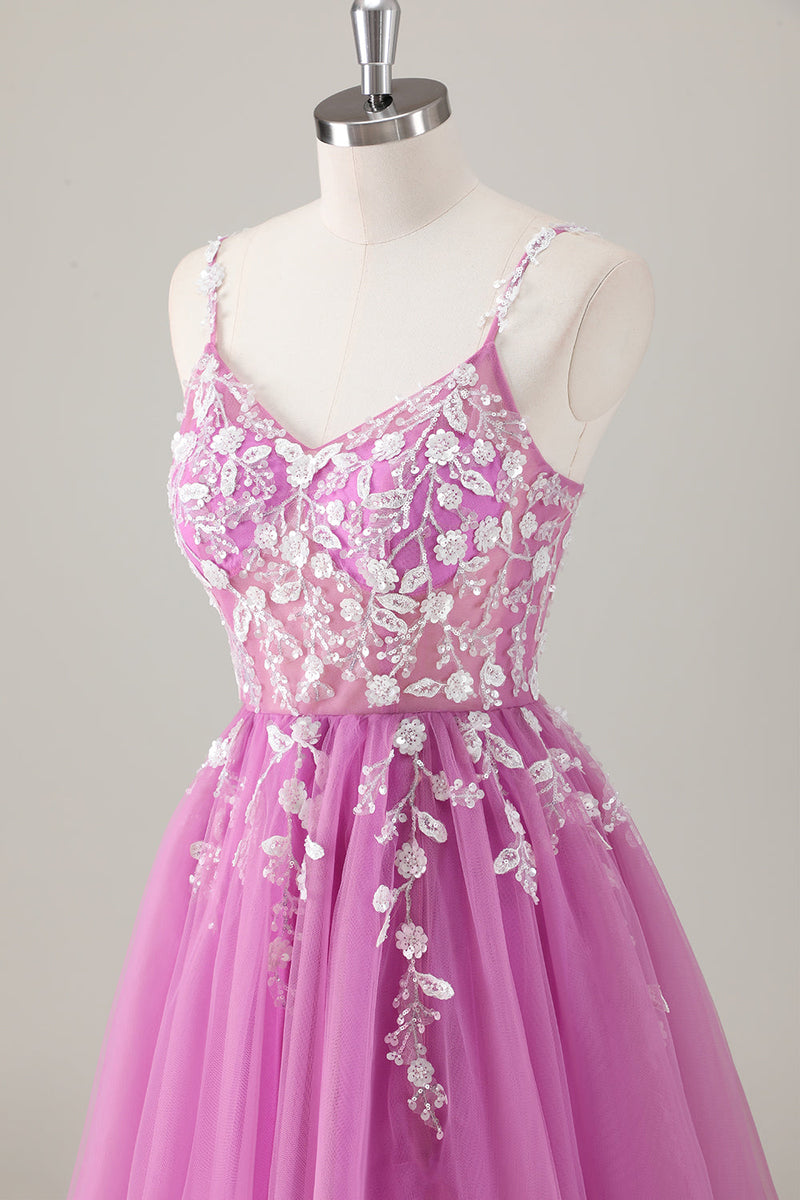 Laden Sie das Bild in den Galerie-Viewer, Glitzer Lila A Linien Spaghettiträger Tüll Langes Ballkleid mit Schlitz