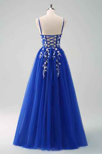 Glitzer Königsblau A Linien Spaghettiträger Korsett Langes Ballkleid mit Schlitz