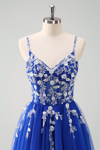 Glitzer Königsblau A Linien Spaghettiträger Korsett Langes Ballkleid mit Schlitz