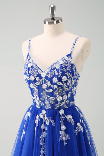 Glitzer Königsblau A Linien Spaghettiträger Korsett Langes Ballkleid mit Schlitz