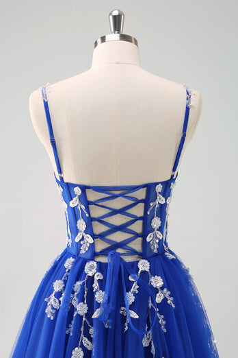 Glitzer Königsblau A Linien Spaghettiträger Korsett Langes Ballkleid mit Schlitz