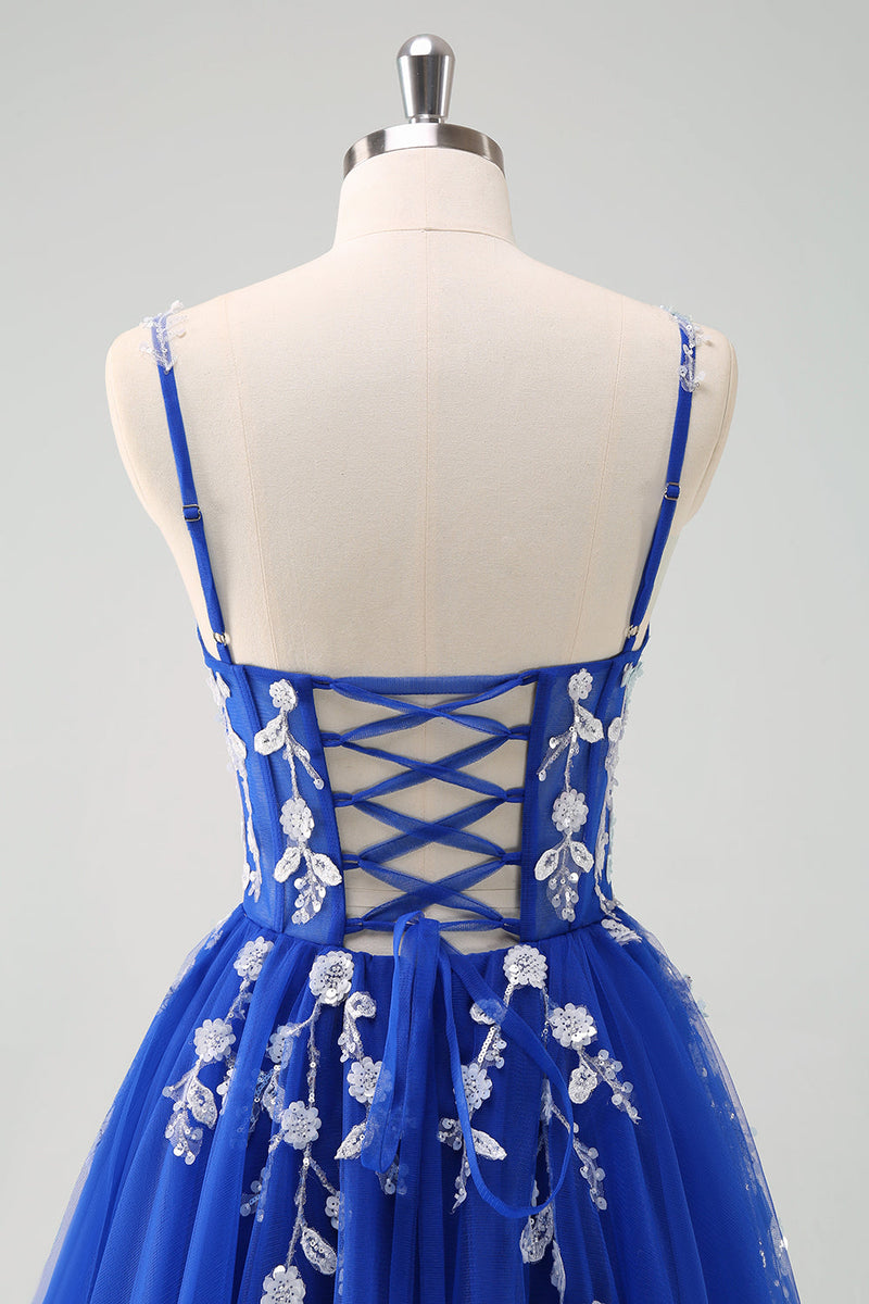 Laden Sie das Bild in den Galerie-Viewer, Glitzer Königsblau A Linien Spaghettiträger Korsett Langes Ballkleid mit Schlitz