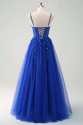 Glitzer Königsblau A Linien Spaghettiträger Korsett Langes Ballkleid mit Schlitz