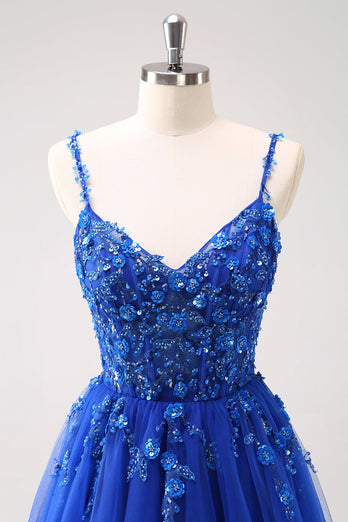 Glitzer Königsblau A Linien Spaghettiträger Korsett Langes Ballkleid mit Schlitz