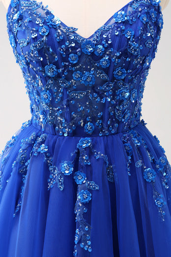 Glitzer Königsblau A Linien Spaghettiträger Korsett Langes Ballkleid mit Schlitz