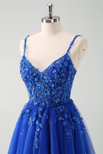 Glitzer Königsblau A Linien Spaghettiträger Korsett Langes Ballkleid mit Schlitz