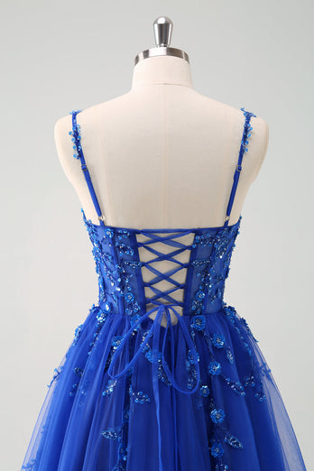 Glitzer Königsblau A Linien Spaghettiträger Korsett Langes Ballkleid mit Schlitz