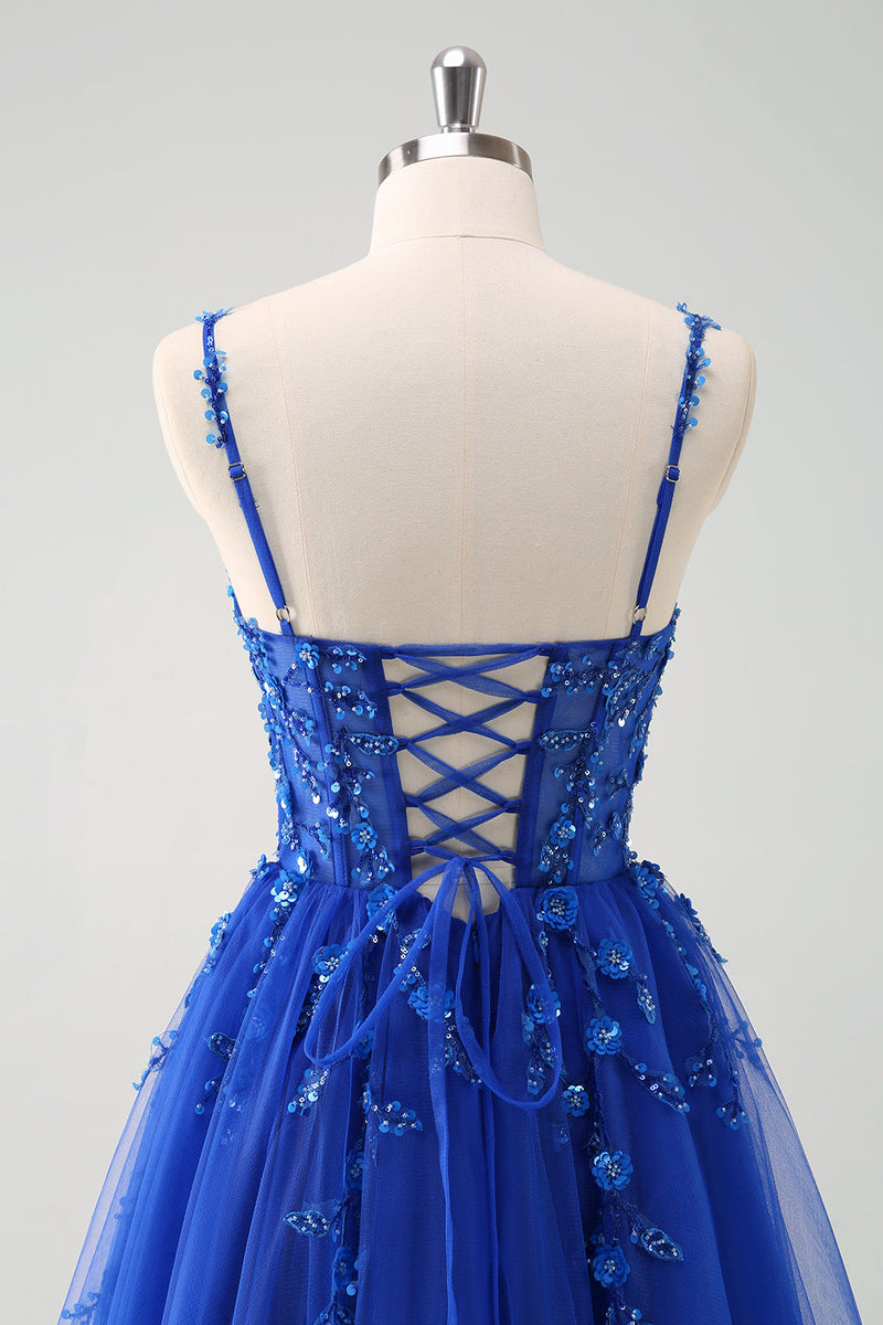 Laden Sie das Bild in den Galerie-Viewer, Glitzer Königsblau A Linien Spaghettiträger Korsett Langes Ballkleid mit Schlitz