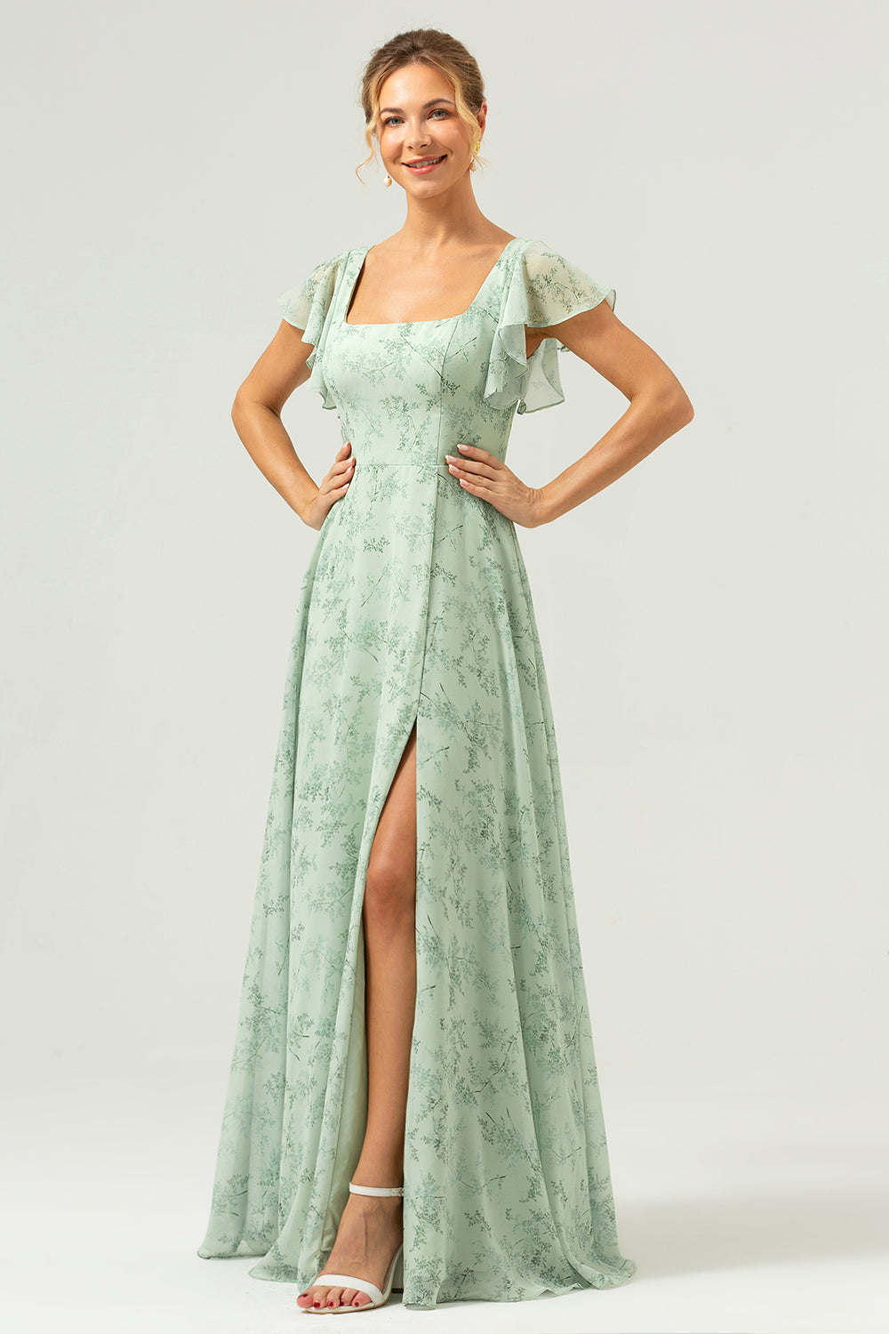 Blume Staubiger Salbei Bedruckter Langes Brautjungfernkleid mit Schlitz