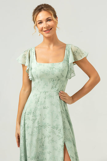 Blume Staubiger Salbei Bedruckter Langes Brautjungfernkleid mit Schlitz
