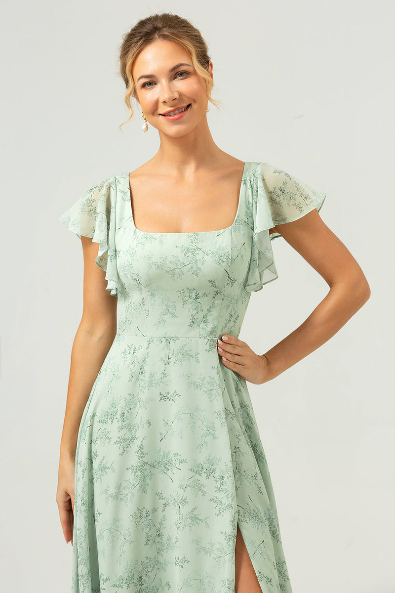 Laden Sie das Bild in den Galerie-Viewer, Blume Staubiger Salbei Bedruckter Langes Brautjungfernkleid mit Schlitz