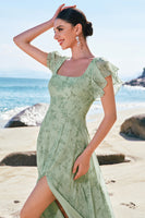 Laden Sie das Bild in den Galerie-Viewer, Graugrün Bedrucktes Geblümtes Lange Brautjungfernkleid mit Schlitz