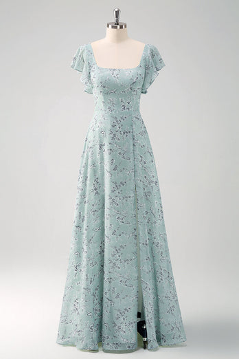 Blume Staubiger Salbei Bedruckter Langes Brautjungfernkleid mit Schlitz
