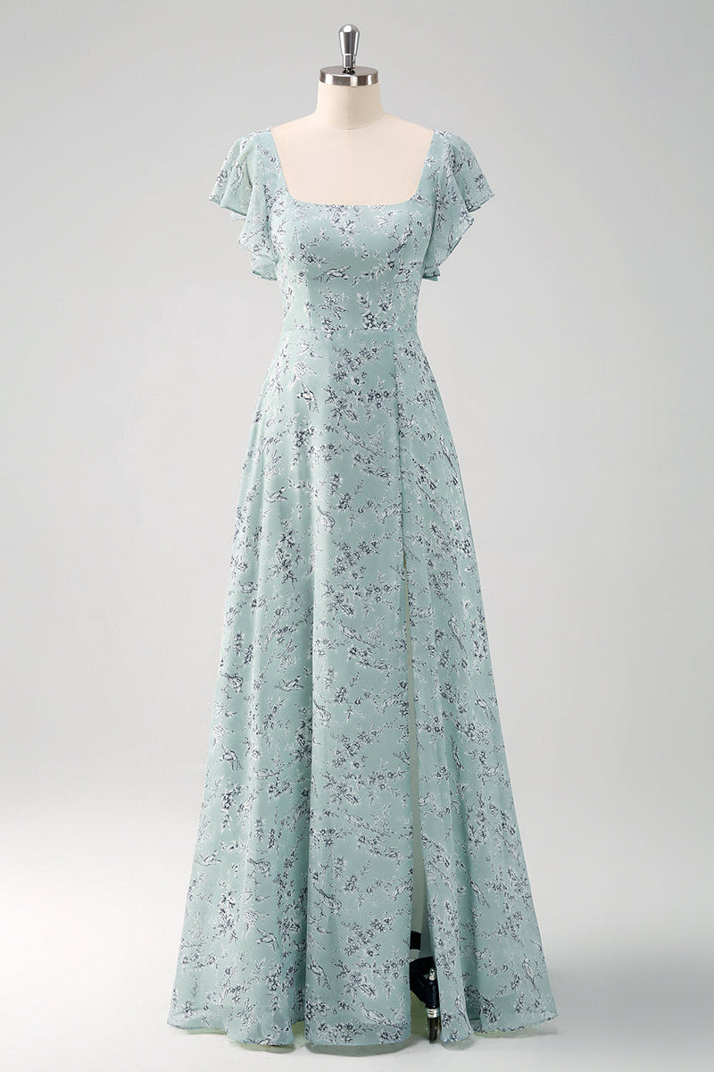 Laden Sie das Bild in den Galerie-Viewer, Blume Staubiger Salbei Bedruckter Langes Brautjungfernkleid mit Schlitz
